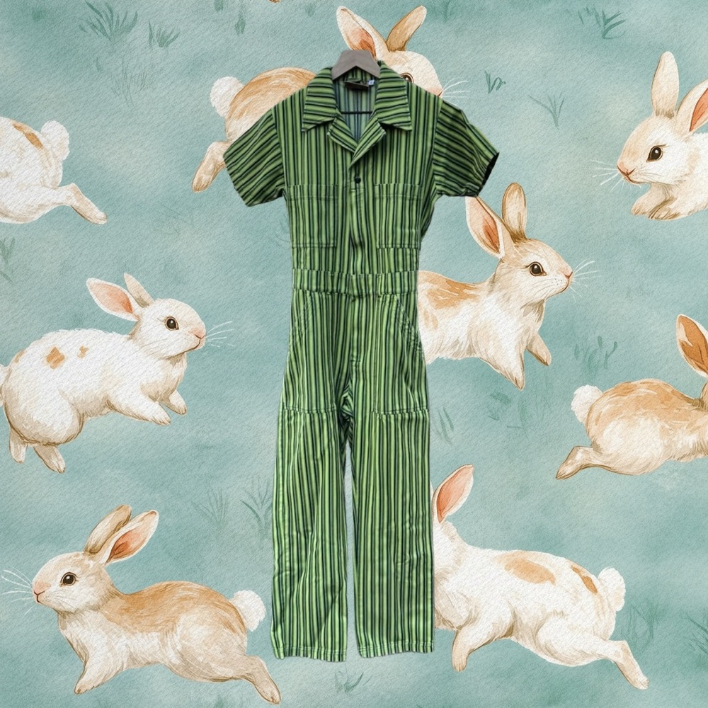 Big Bud Press Frontier Green Stripe Short Sleeve Jumpsuit Size S - Picture 1 of 7